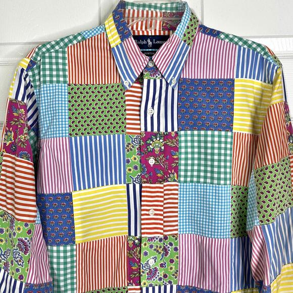 Vintage Ralph Lauren Patchwork Long Sleeve Button Up Shirt Men S - Picture 3 of 8